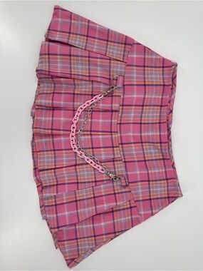 Sweet Society Pink Plaid Pleated Kids Skirt with Chain Accent Sz S